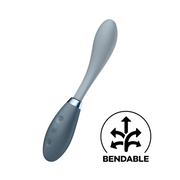 A grey flexible vibrator with a bendable shaft and a circular icon indicating flexibility.