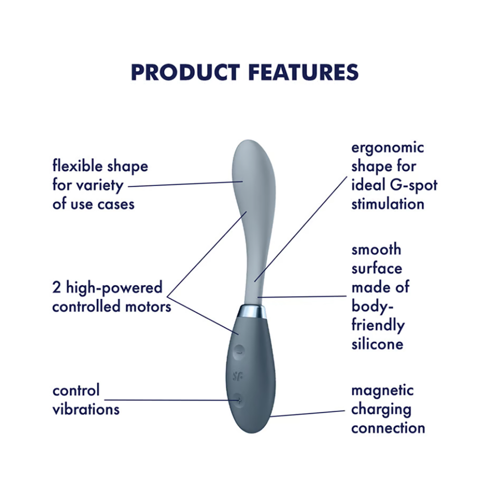 A flexible, gray silicone vibrator with dual motors and magnetic charging.