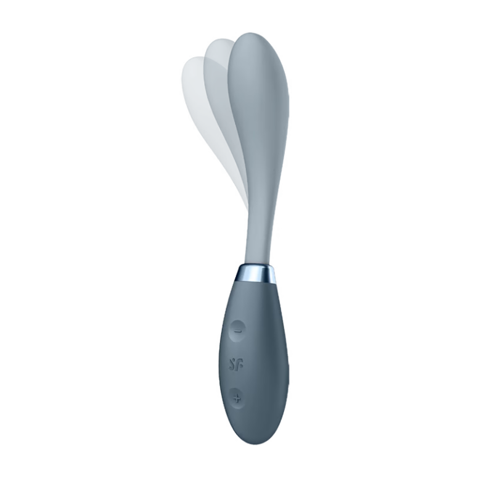A grey flexible vibrator with a rounded head and a control handle.