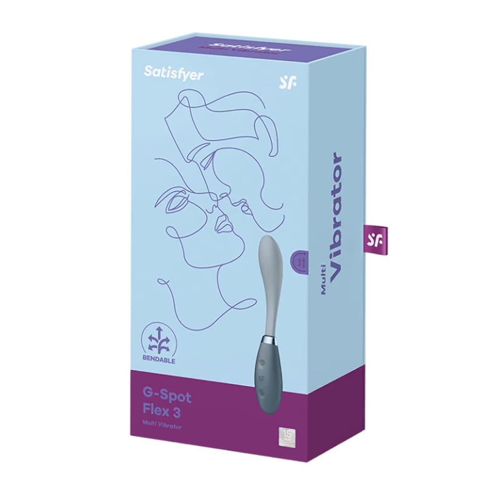 Satisfyer G-Spot Flex 3 vibrator in a light blue box with purple accents.