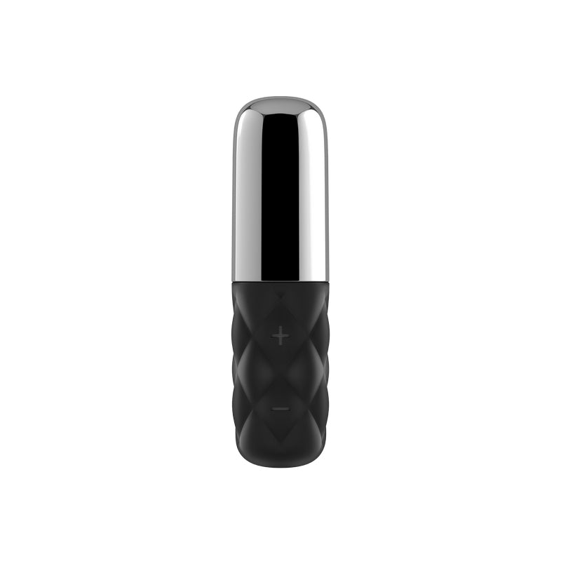 Compact black clitoral vibrator with a silver top and textured grip.