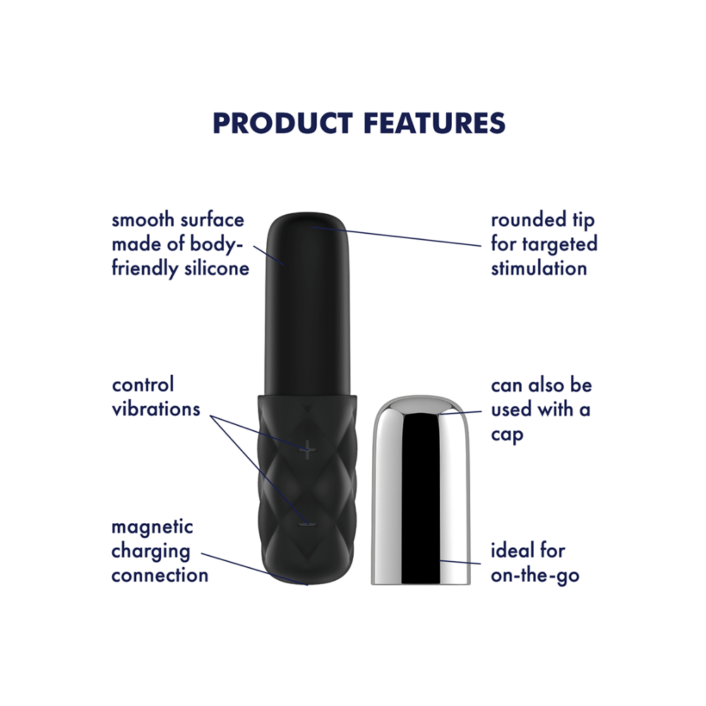 A black silicone vibrator with a silver cap, featuring a smooth surface and magnetic charging.