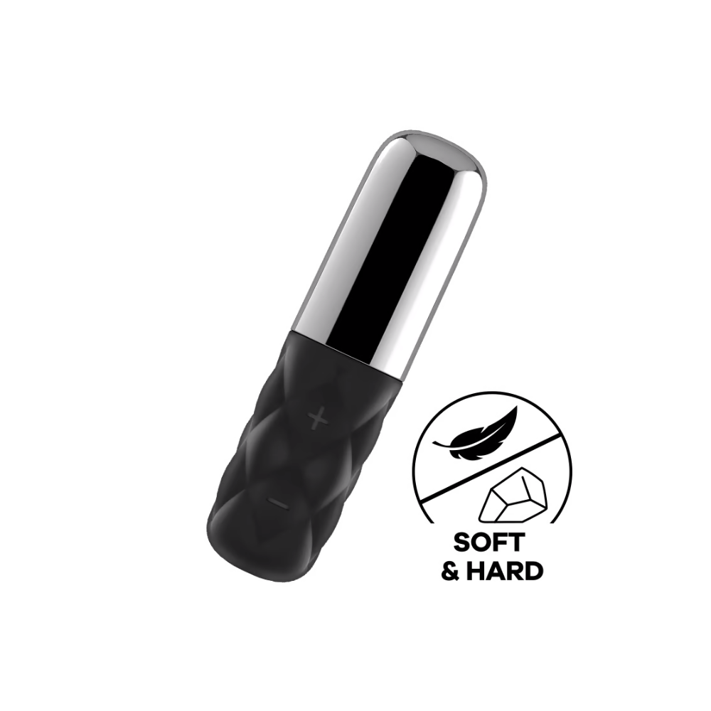 Compact clitoral vibrator with a textured black silicone body and a silver cap.