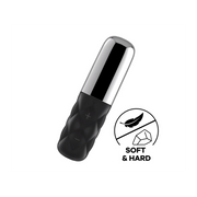 Compact clitoral vibrator with a textured black silicone body and a silver cap.