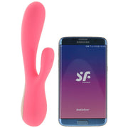 A pink rabbit vibrator and a Samsung phone displaying the Satisfyer app.