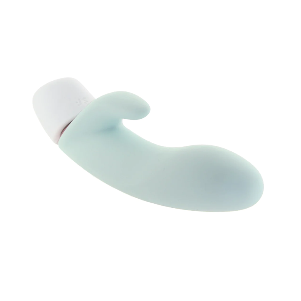 A light blue silicone vibrator with a white cap.