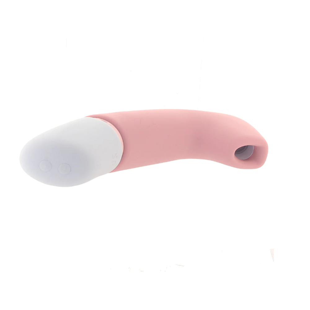 Pink and white silicone vibrator with two buttons on the white tip.