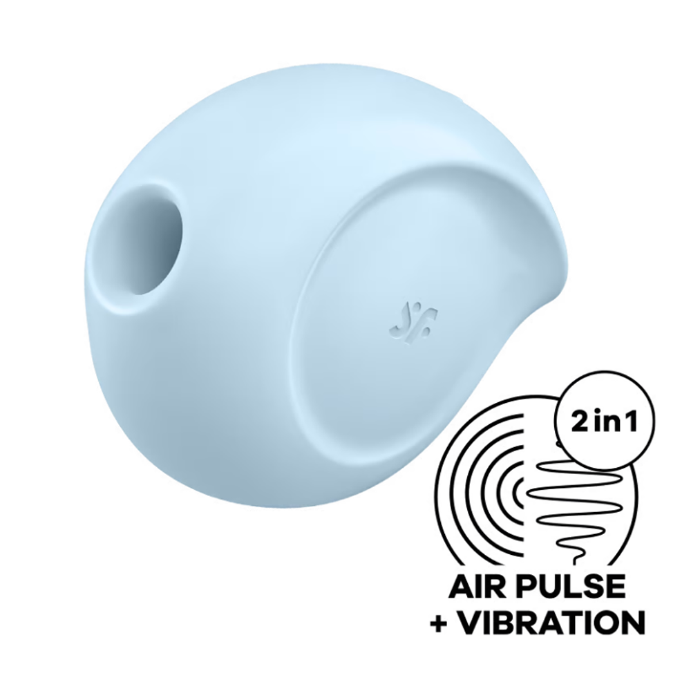 A light blue clitoral toy with an opening and a "2 in 1 Air Pulse + Vibration" graphic.