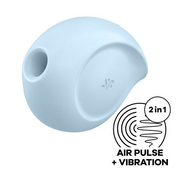 A light blue clitoral toy with an opening and a "2 in 1 Air Pulse + Vibration" graphic.