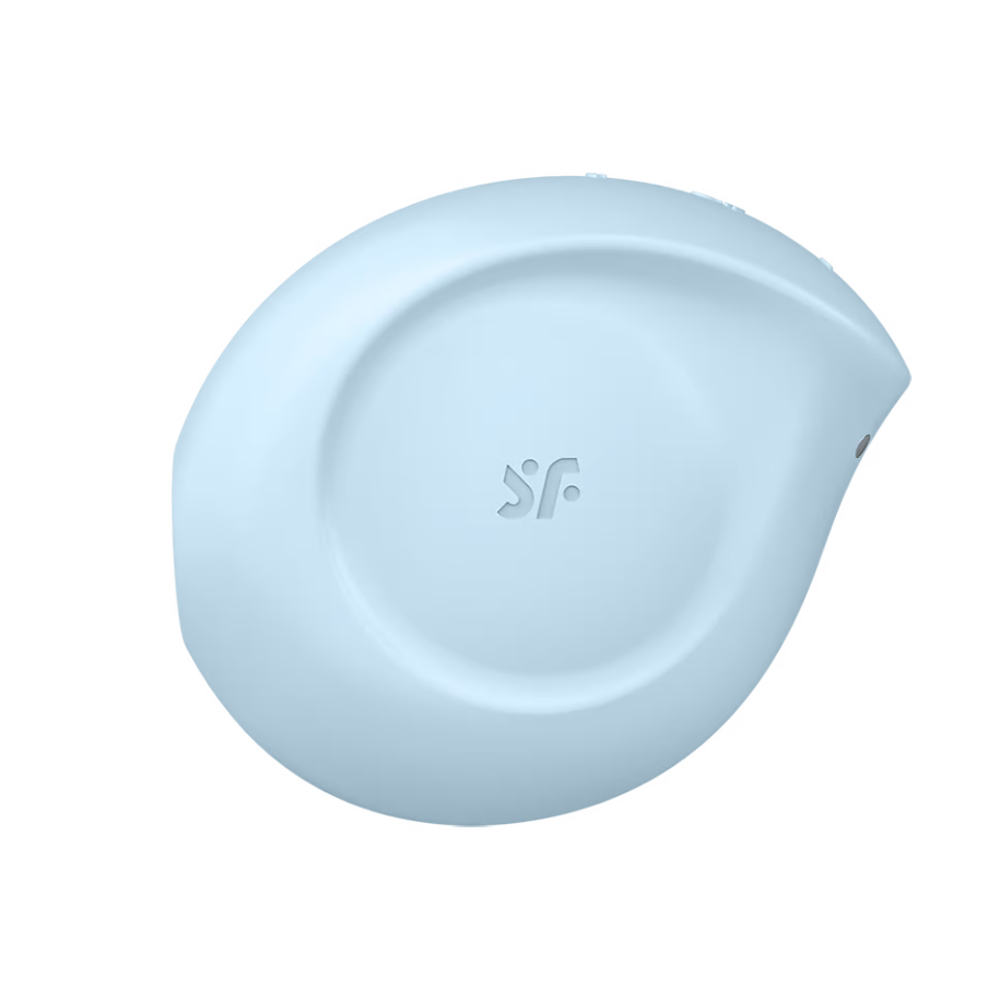 A light blue, teardrop-shaped clitoral vibrator with a subtle logo.