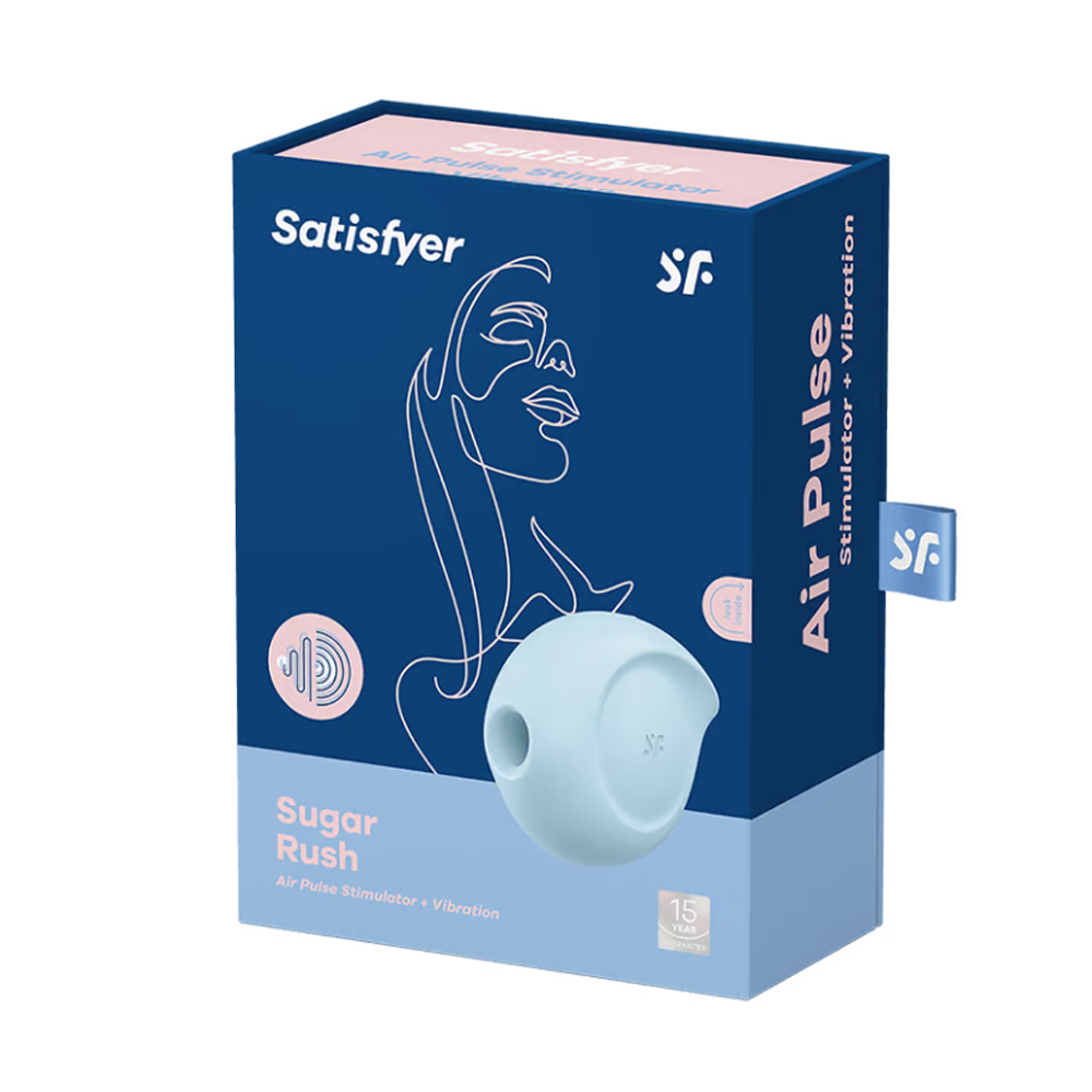Satisfyer Sugar Rush clitoral toy with air-pulse and vibration on a blue box.