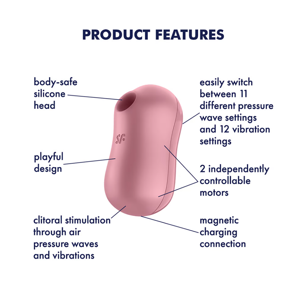 A pink Satisfyer air pulse and vibration toy with text labels pointing to its features.