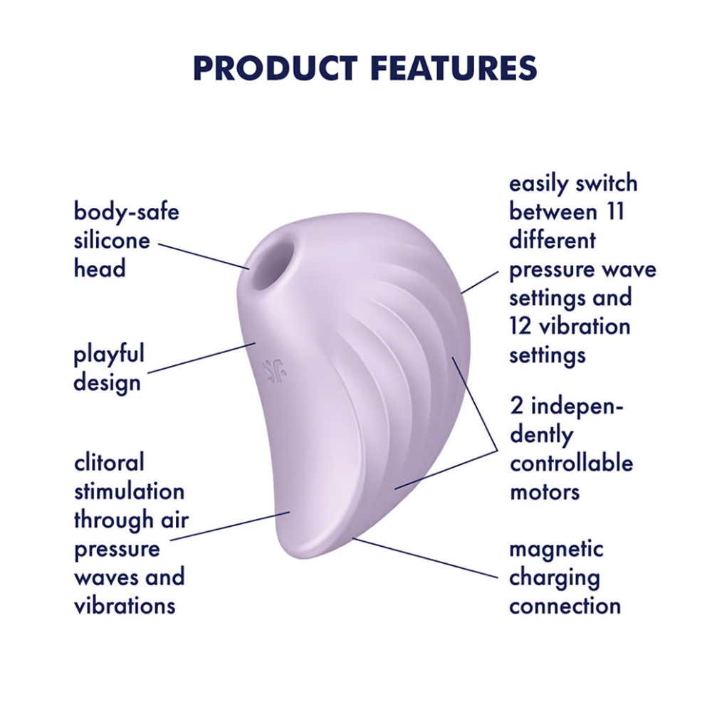 A purple clitoral vibrator with a silicone head, featuring air-pulse and vibration settings.