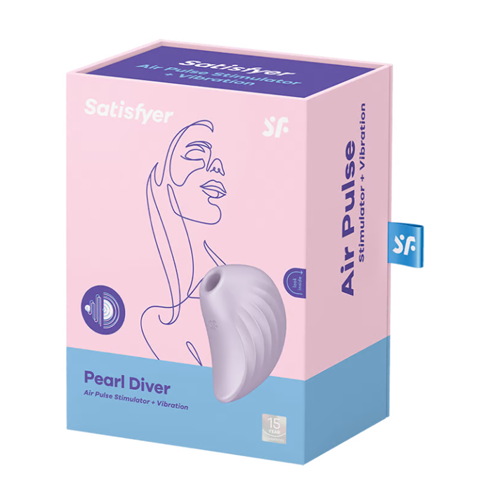 Satisfyer Pearl Diver clitoral air-pulse vibrator in a pink and blue box.
