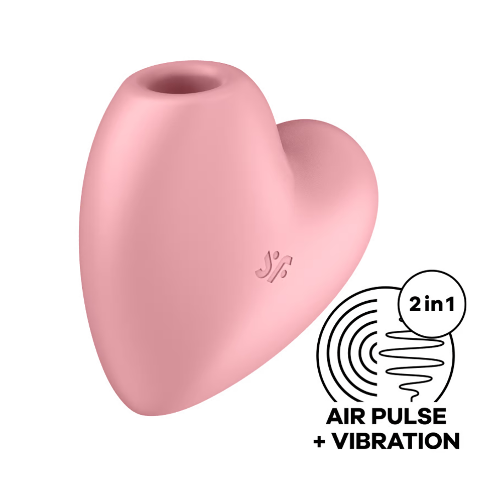 Pink heart-shaped vibrator with air pulse and vibration features.