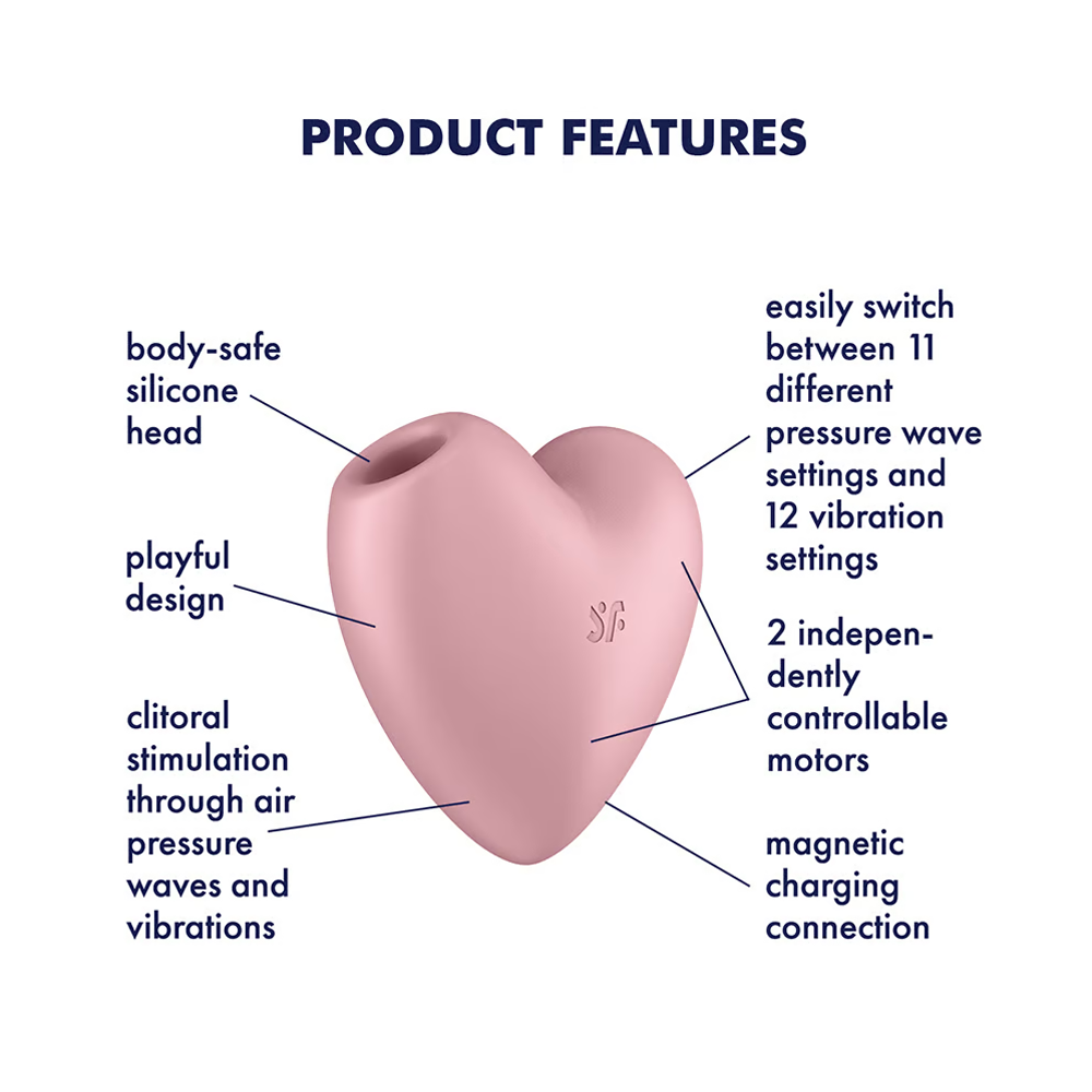 A pink heart-shaped vibrator with text labels pointing to its features.