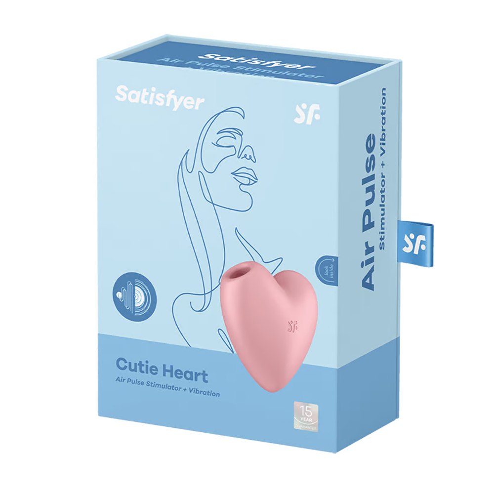 Satisfyer Cutie Heart Air-Pulse vibrator in pink, on a light blue box with line art.