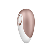 Rose gold and white Satisfyer Deluxe vibrator with a button.