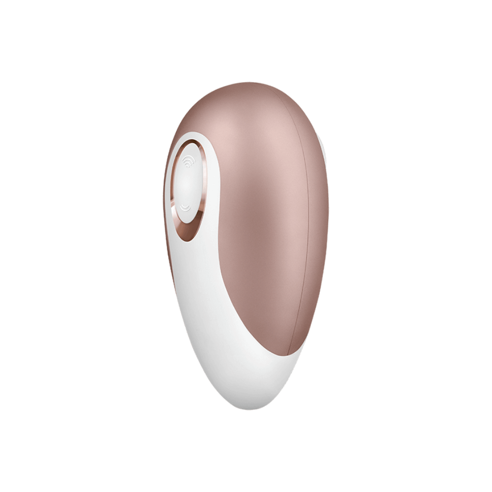 Rose gold and white Satisfyer Deluxe vibrator with a button.