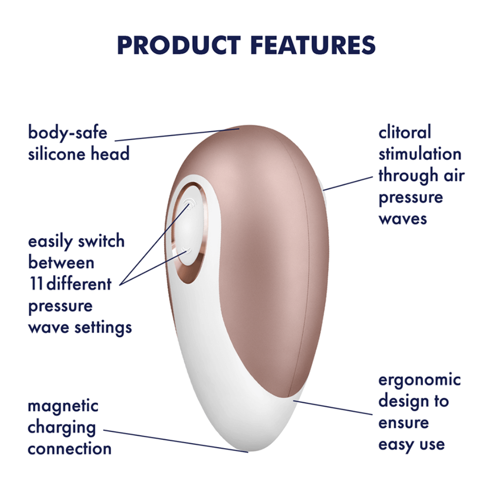 A rose gold and white clitoral vibrator with features like body-safe silicone, 11 pressure wave settings, and magnetic charging.