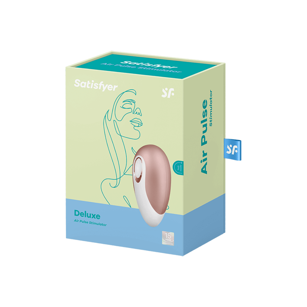 Satisfyer Deluxe Air Pulse Stimulator box with a rose gold and white vibrator.