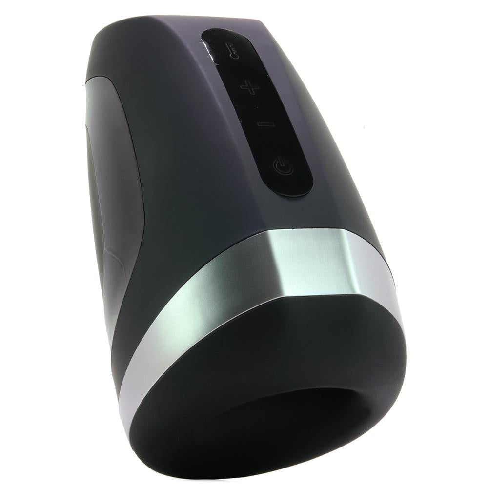 Black and silver vibrating masturbator with control buttons.