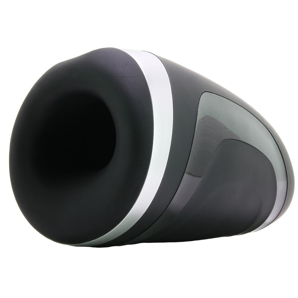 Black and silver vibrating masturbator with a wide opening.
