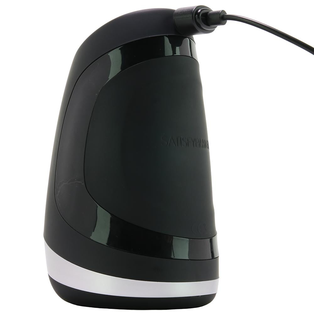 Black Satisfyer Men Heat Vibration masturbator with a silver band.