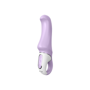 A purple and white rechargeable silicone vibrator with a looped handle.