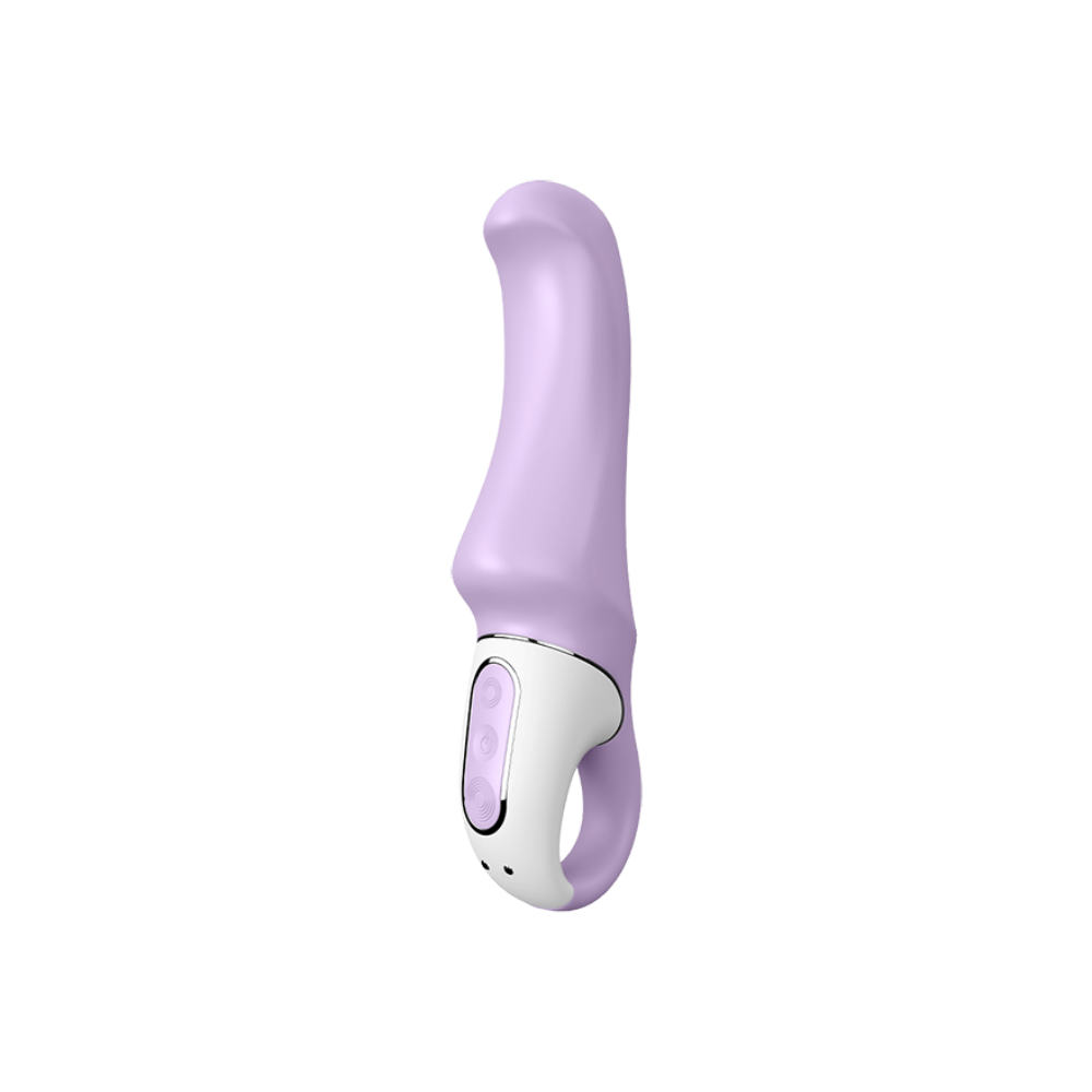 A purple and white rechargeable silicone vibrator with a looped handle.