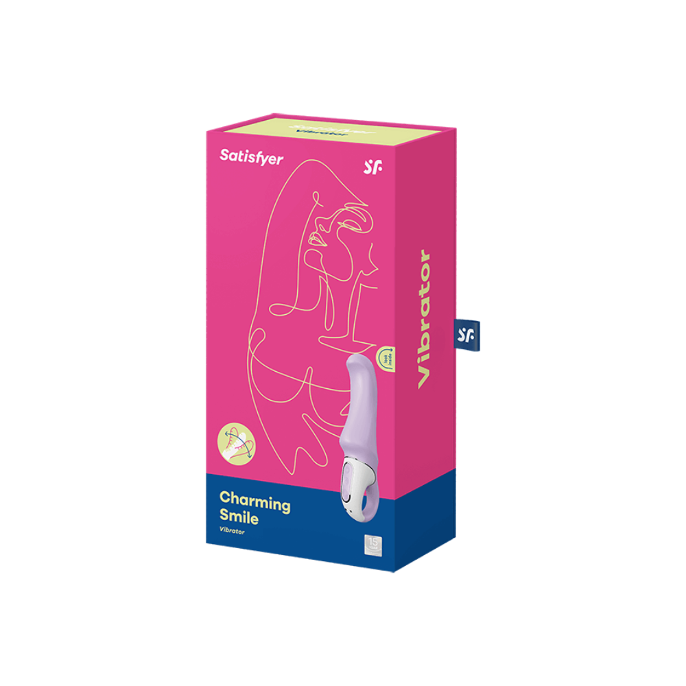 Satisfyer Charming Smile vibrator in a pink and blue box.