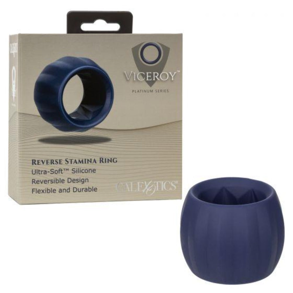A blue ribbed silicone stamina ring with its packaging.