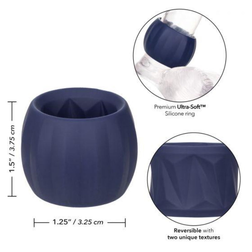 A blue, reversible silicone cock ring with ribbed texture.