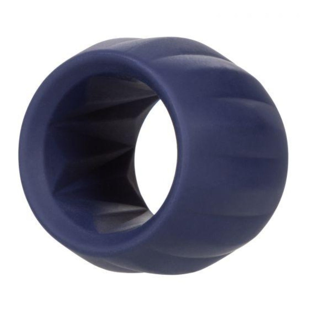 A navy blue silicone cock ring with a ribbed texture.