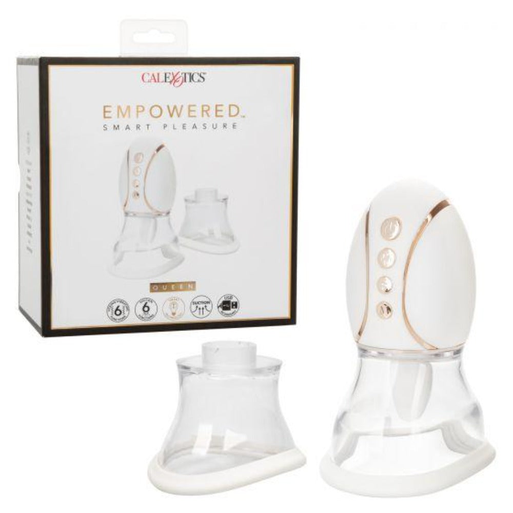 White and rose gold smart suction and licking vibrator with two clear cups.
