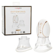 White and rose gold smart suction and licking vibrator with two clear cups.