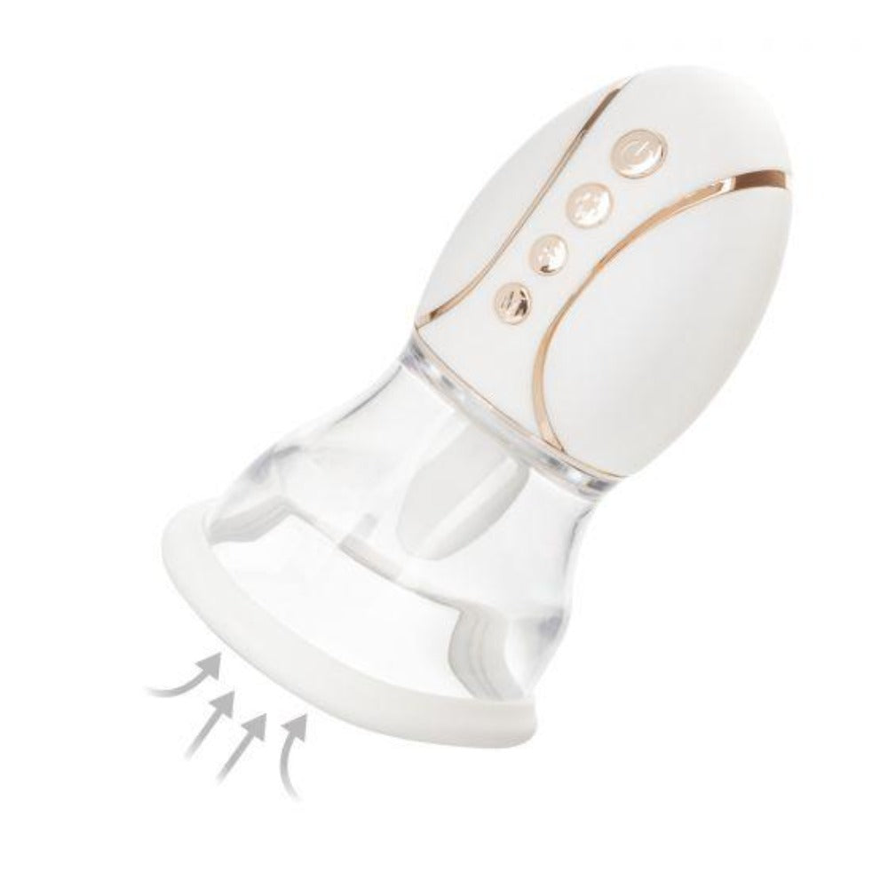 White and gold vibrator with a clear suction cup and buttons.