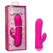 A pink silicone massager with a ribbed shaft and a dual motor.