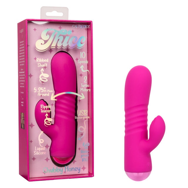 A pink silicone massager with a ribbed shaft and a dual motor.