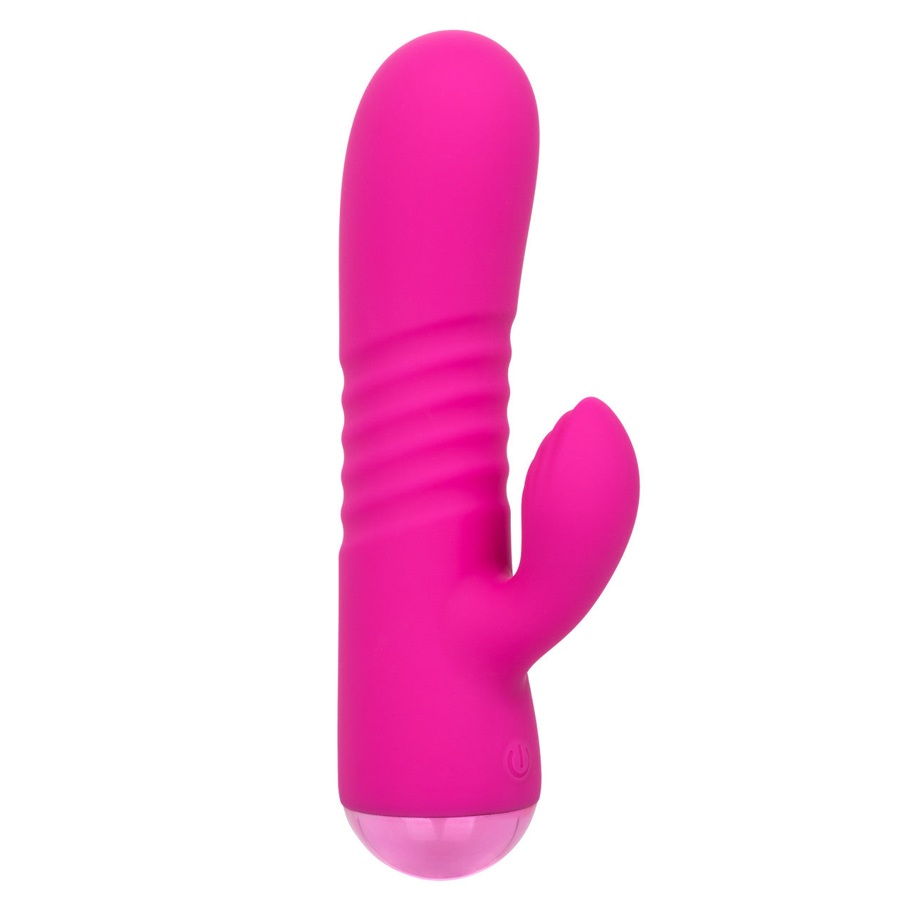 A pink silicone massager with a ribbed shaft and a curved tip.