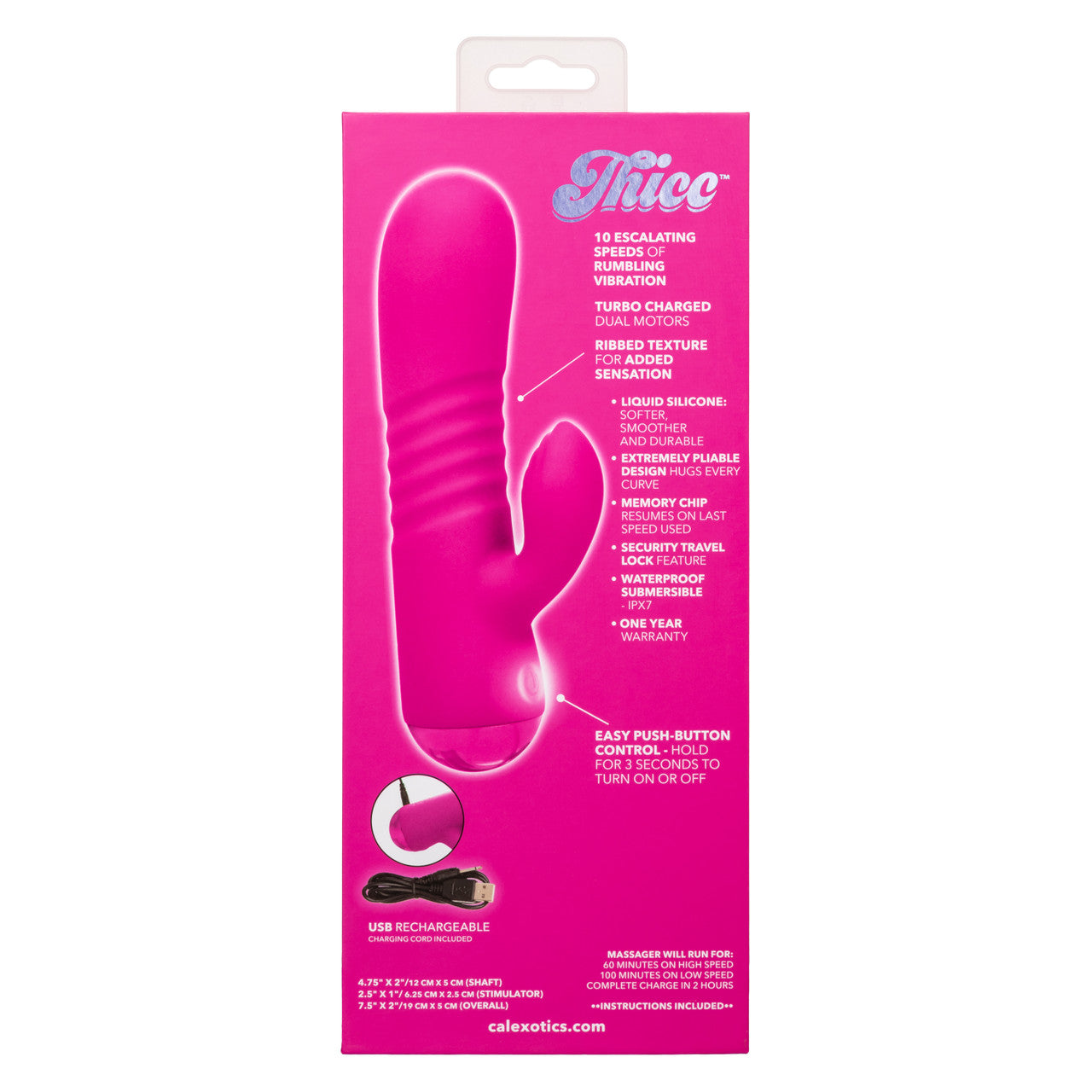 Pink dual motor silicone massager with ribbed texture and USB charging.