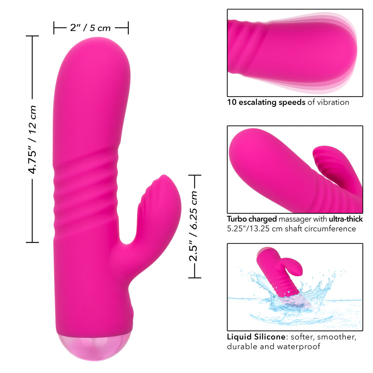 A pink dual motor silicone massager with ribbed texture and a curved tip.