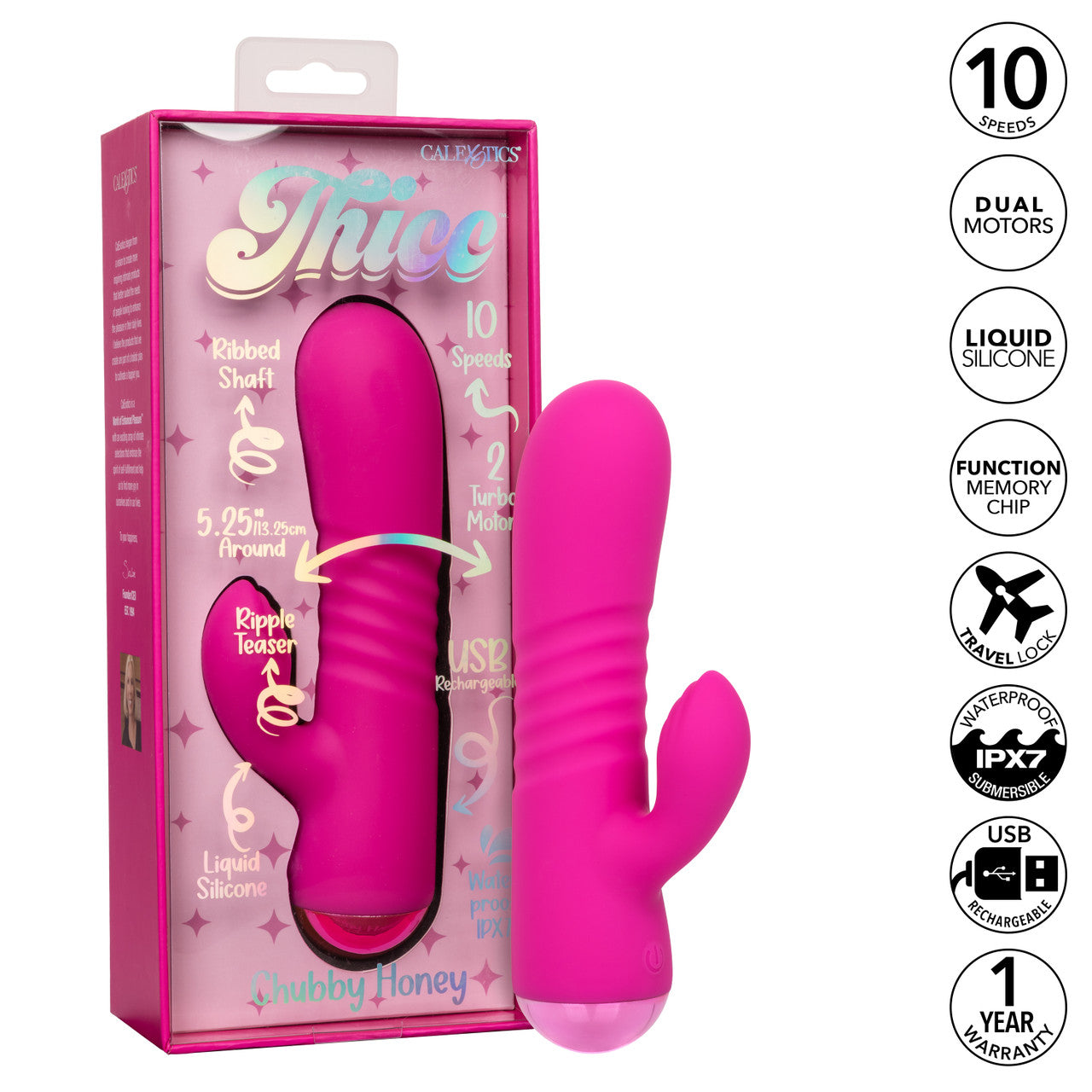 Pink dual motor silicone massager with ribbed shaft and travel lock.