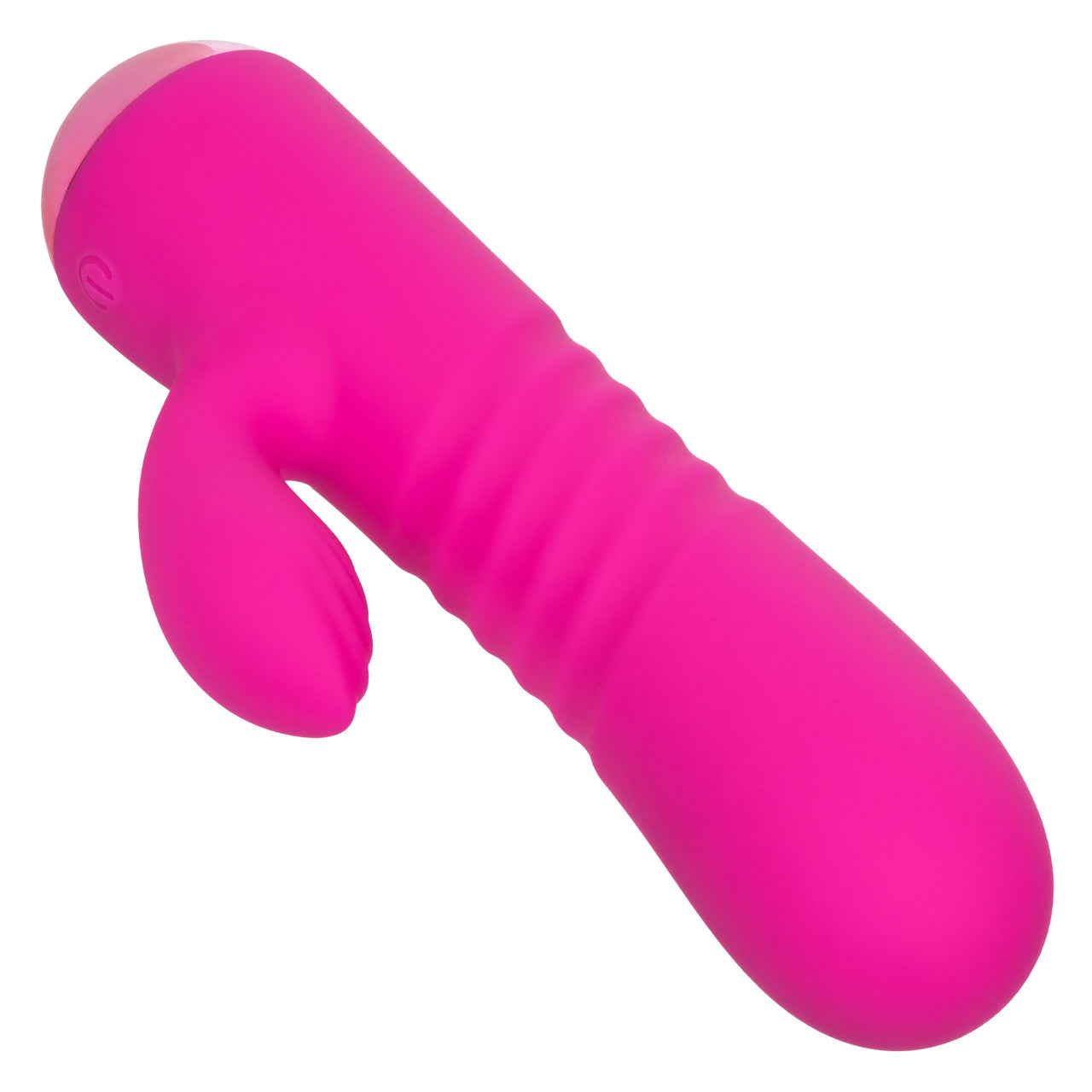 Pink silicone dual-motor vibrator with ribbed shaft and rabbit stimulator.