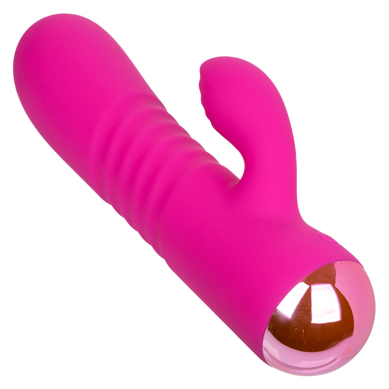 A pink silicone massager with a dual motor and a rounded metallic base.