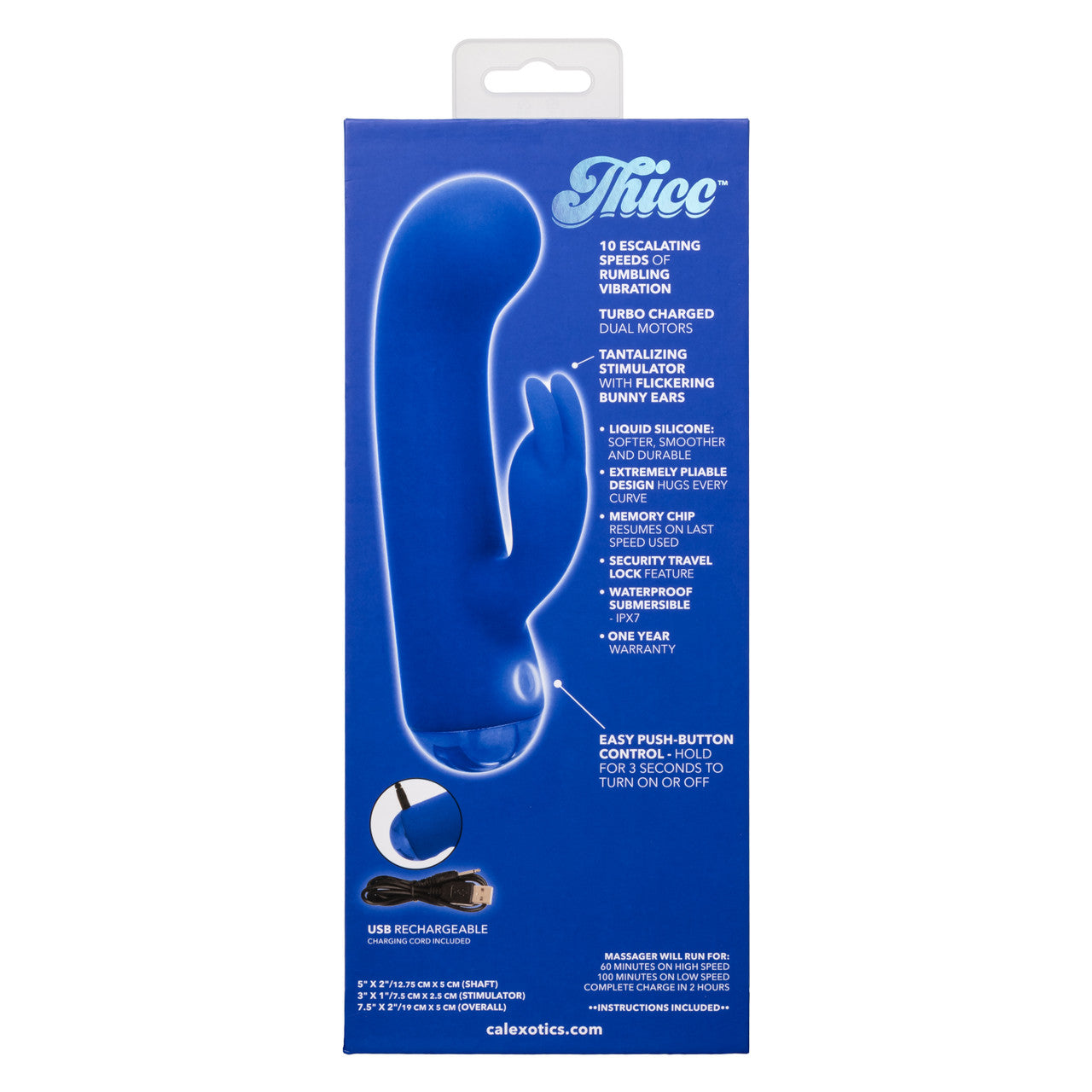 Blue Thicc Chubby Bunny massager with dual motors and USB charging.