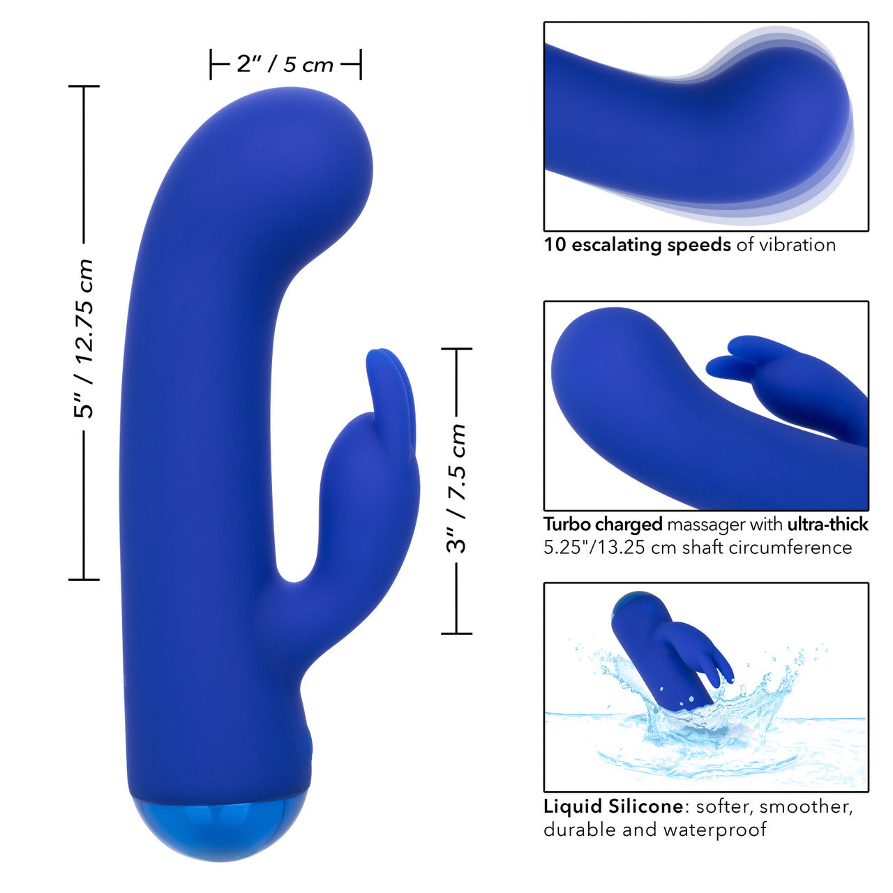 A blue G-spot rabbit massager with dimensions and features highlighted.