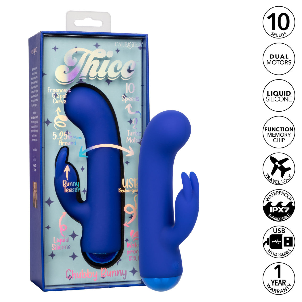 Blue Calexotics Thicc Chubby Bunny G-spot massager with bunny teaser.