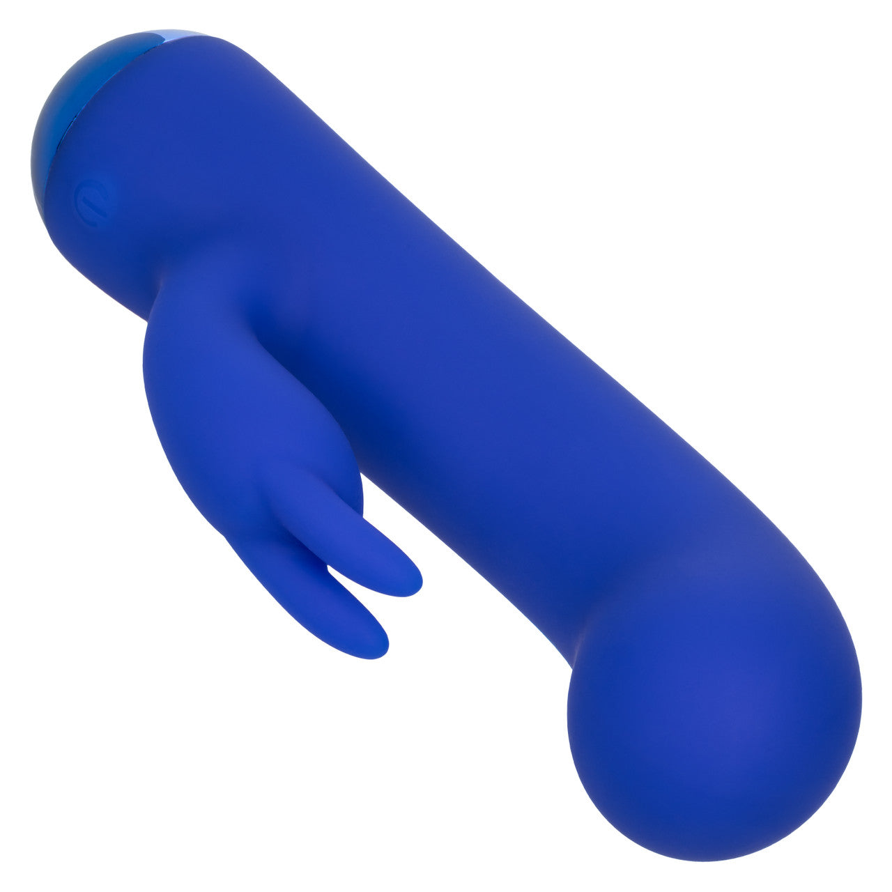 A blue G-spot rabbit massager with a curved shaft and bunny ears.