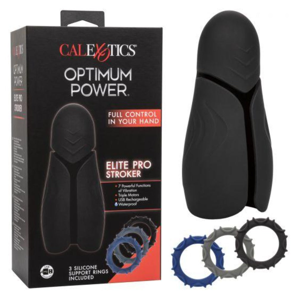 Elite Pro Stroker vibrating masturbator with three silicone rings.